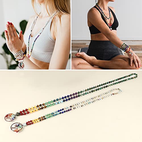 Bivei 108 Mala Beads Necklace Life Tree 7 Chakra Wrap Bracelet Real Healing Gemstone Yoga Meditation Hand Knotted Mala Prayer Bead Necklace - color: African Turquoise, size: 6mm