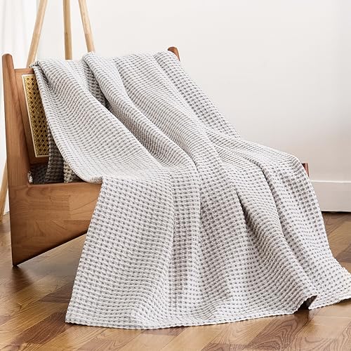 Lightweight Cotton Waffle Throw Blanket, Modern Two-Tone Check Pattern, Soft & Breathable for Bed, Couch, Sofa, All Seasons –Gray/White, 50"x60" - color: Gray/White, size: Throw