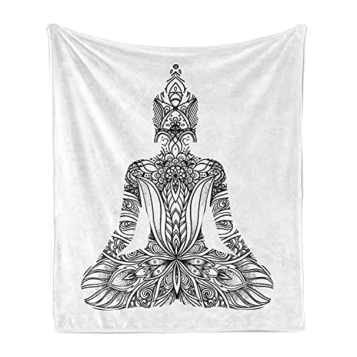 Lunarable Colorful Throw Blanket, Meditating Silhouette of a Yoga and Floral Built in Design Print, Flannel Fleece Accent Piece Soft Couch Cover for Adults, 50" x 60", White and Black - size: 50" x 60"
