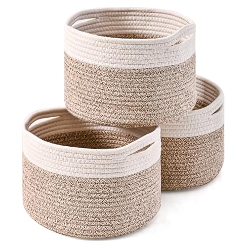 ICERZCZ Small Storage Baskets for Organizing, Organizer Baskets for Shelves, Small Woven Basket for Storage, Cute Brr Basket for Gifts Empty, 9.7"×9.7"×7" (3 Packs) Off White & Brown - color: Off White & Brown, size: 9.7"×9.7"×7"