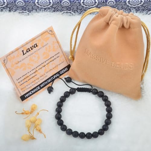 MASSIVE BEADS Handmade Yoga Natural Stone Crystal Healing Power Energy Gifts for Unisex Adult Bracelet Macrame Adjustable - color: Black Lava(Calm), size: 8mm