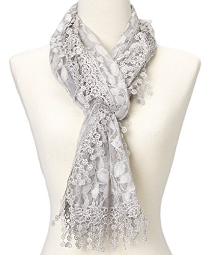 Cindy and Wendy Lightweight Soft Leaf Lace Fringes Scarf Bridal Veils shawl for Women - color: Light Gray