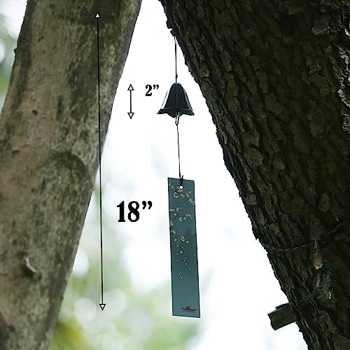 Japanese Wind Chime Cast-Iron Outdoor Ornament for Garden, Patio & Porch, Hanging Metal Wind-Bell Decoration Gift, Blessing Pendant Windchimes & PVC Wind-Catcher, Gentian Flower - Green