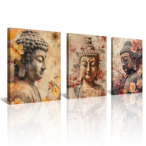 NAN Wind 3Pcs Buddha Statue Floral Canvas Art Flowers Buddha Zen Meditation Decor Spiritual Wall Art for Home Ready to Hang Spiritual Zen Decor Peaceful Meditation Art for Living Room - color: Buddha&Flower, size: 12X16inchX3pcs