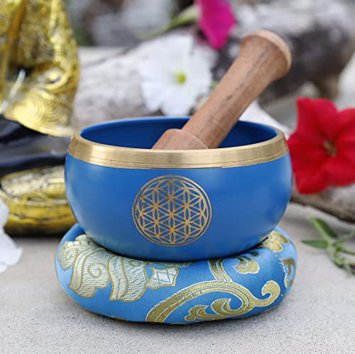 Flower Of Life Singing Bowl Complete Set ~ For Meditation, Yoga, Spiritual Healing and Mindfulness (Blue) - color: Blue