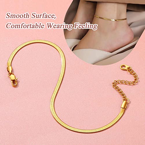FindChic Elegant Herringbone Snake Chain Anklets/Bracelets 3MM/5MM Width Stainless Steel/18K Gold/Rose Gold Plated/Black 4 Color Options, 8.3'' 8.5'' 10.5'' Length, with Gift Box - color: A: 3mm 8.5'' anklet (Gold Plated)