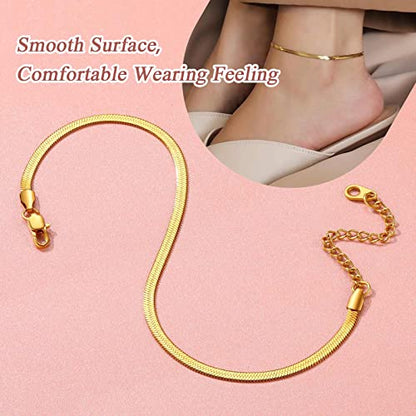 FindChic Elegant Herringbone Snake Chain Anklets/Bracelets 3MM/5MM Width Stainless Steel/18K Gold/Rose Gold Plated/Black 4 Color Options, 8.3'' 8.5'' 10.5'' Length, with Gift Box - color: A: 3mm 8.5'' anklet (Gold Plated)