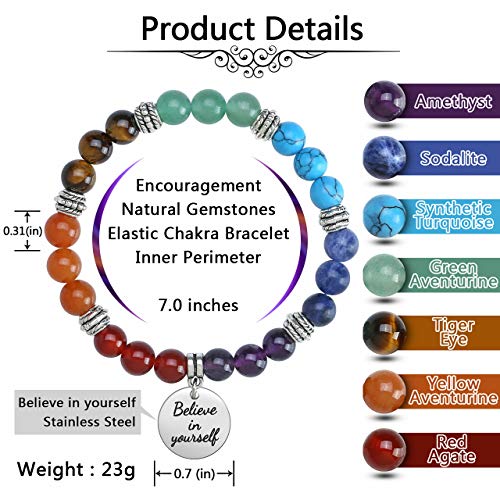 Top Plaza 7 Chakra Stone Bead Bracelets Yoga Reiki Healing Crystals Gemstone Beaded Bracelet Friendship Inspirational Message Charm Bracelet for Women Men - color: Believe in yourself