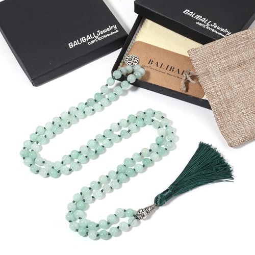 108 Mala Beads Necklace Semi-Precious Gem Stones Meditation Necklace 108 Hand Knotted Japa Mala Beaded Tassel Necklace with Tree of Life Pendant - color: Aventurine
