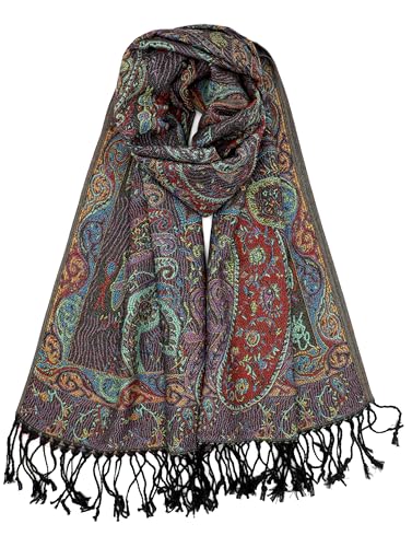 Achillea Reversible Paisley Pashmina Rave Scarf – Exotic Indian Shawls and Wraps for Evening Dresses, Festivals, All Seasons - color: Tapestry Black