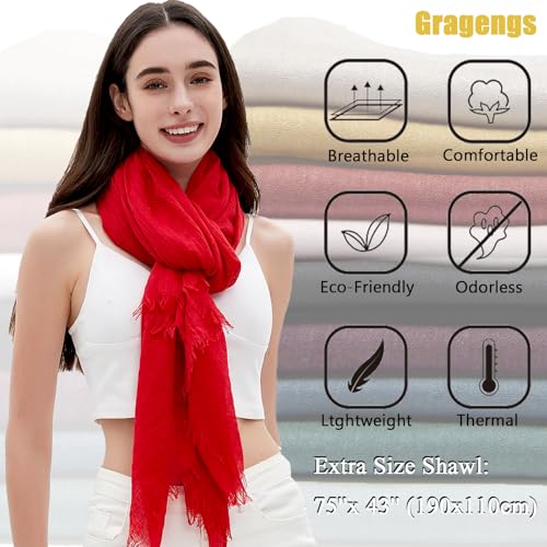 Women Summer Scarfs Lightweight Large Long Gauze Shawl Linen Beach Wrap Plain 75”×43” - color: Red