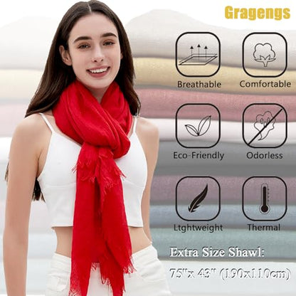 Women Summer Scarfs Lightweight Large Long Gauze Shawl Linen Beach Wrap Plain 75”×43” - color: Red