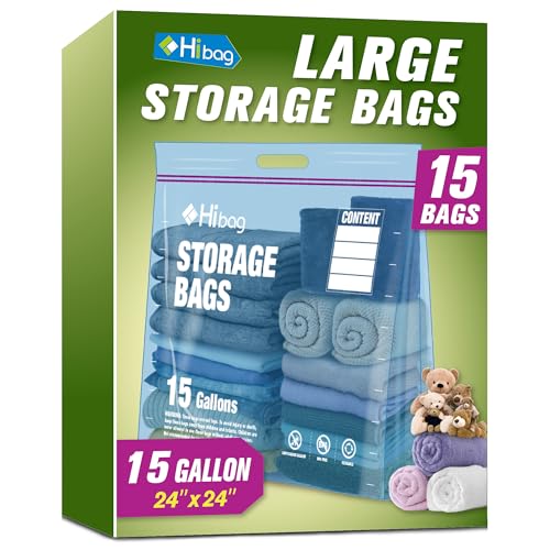 15 Gallon Large Storage Bags, 24” x 24” Zipper Bags with Handle, Extra Large XL Zip Top Bags for Clothes Travel Moving, Blue, Pack of 15 - size: 15gallon-15p