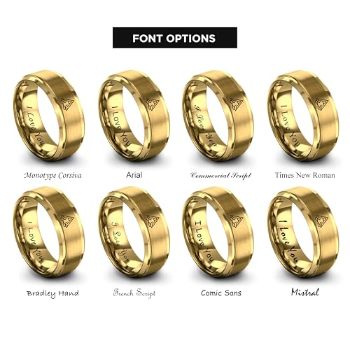 Gift for Yoga Fan - Yoga Meditation Ring - Flat Dome Bevel - Band - Men Women - Brushed Polished - Tungsten - Personalized Custom Engraving - 8mm - Anniversary Wedding - Yellow Rose Gold Silver - color: 11 - Yellow Gold Tungsten