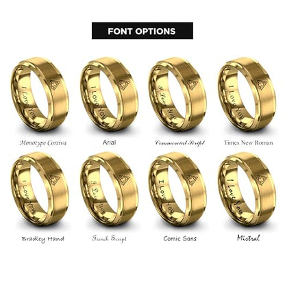 Gift for Yoga Fan - Yoga Meditation Ring - Flat Dome Bevel - Band - Men Women - Brushed Polished - Tungsten - Personalized Custom Engraving - 8mm - Anniversary Wedding - Yellow Rose Gold Silver - color: 11 - Yellow Gold Tungsten