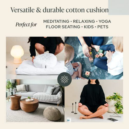 Mindful Modern Meditation Cushion & Zabuton Meditation Mat Bundle - 100% Cotton Meditation Cushion Set for Yoga - Buckwheat Zafu Floor Pillow Rectangular Mat - Removable Cover - Classic White Color