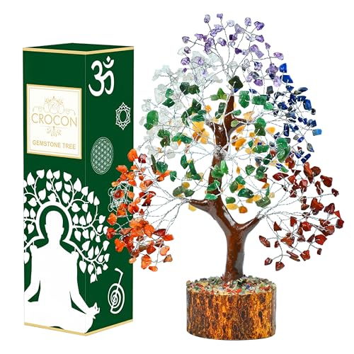Crocon® 7 Chakra Tree of Life - Crystals and Healing Stones | Positive Energy, Feng Shui Money Tree | 10-12 inch | Reiki Meditation Home Office Decor, Birthday Gifts for Women, Mom, Sister & Friends - color: 004 Seven Chakra (Silver Wire)