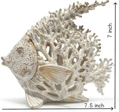 Beach Coastal Decor Coral Reef Angelfish Home Office Desk Decor Sculpture Statue for Tabletop Shelf Bathroom Decoration Ornament Gift (White)