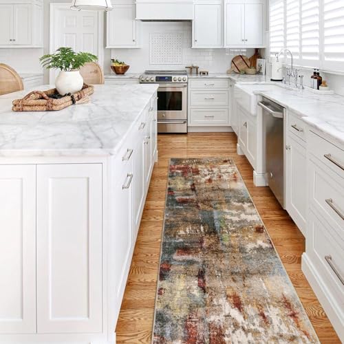 Lahome Modern Abstract Kitchen Runner Rugs Non Skid Washable, 2x6 Rug Runners for Hallways Bathroom Laundry Room, Non Slip Indoor Floor Carpet Runner for Bedroom Home Decor, Red/Multi - color: Red/Multi, size: 2' x 6'