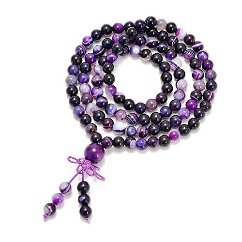 AD Beads 6mm Natural Healing Gemstones Buddhist 108 Prayer Mala Stretchy Bracelet Necklace - color: Purple Stripe Agate