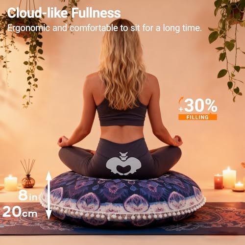 Meditation Cushion 32 Inch Round, Large Floor Pillow Seating for Adults, Bohemian Mandala Yoga Cushion, Extra Thick Memory Foam Removable Washable Cover, Ideal Gift & Holiday Decor, Purple