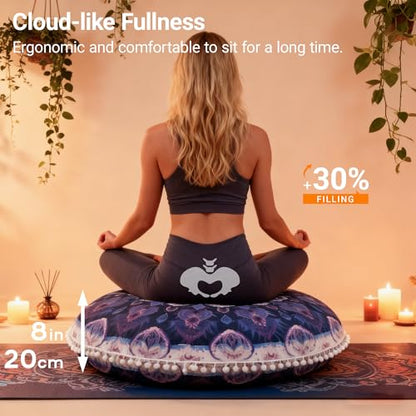 Meditation Cushion 32 Inch Round, Large Floor Pillow Seating for Adults, Bohemian Mandala Yoga Cushion, Extra Thick Memory Foam Removable Washable Cover, Ideal Gift & Holiday Decor, Purple