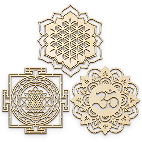 Fourth Level MFG 12" Set C 3-Piece (Sacred OM, Sri Yantra Maze, Flower Lotus), Sacred Geometry Wood Wall Art, Zen Home Decoration for Yoga and Meditation, Spiritual Energy Altar Decor, Chakra Grid - color: Set C