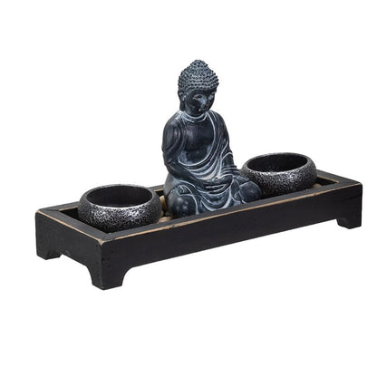 Pacific Giftware Meditation Zen Garden Set with Black Buddha Figurine Two Tea Light Holders Rock Decorative Wood Display Tray Perfect for Table Decor Meditation Yoga 8" x 6"