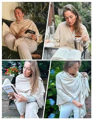 PULI Womens Large Cross Front Poncho Sweater Wrap Topper Knitted Elegant Shawls Cape for Fall Winter - color: Barley Twist (Beige)