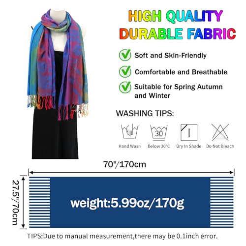 Rave Pashmina Scarf, Fashion Colorful Shawls and Wraps Soft Festival Scarves - color: B-royal Blue (Feather Pattern)