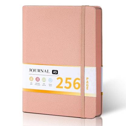 CAGIE Textured Hardcover Lined Journal for Women and Men, A5 Leather Journal Notebook with 256 Pages, 100GSM Paper – College Ruled Journaling Notebook for Writing, Work, School, Daily Diary - color: Q-Pink