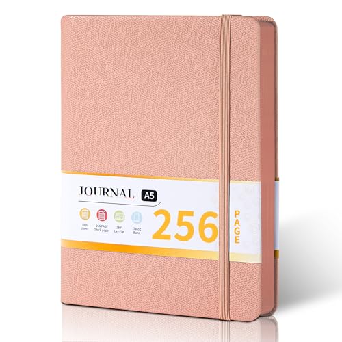 CAGIE Textured Hardcover Lined Journal for Women and Men, A5 Leather Journal Notebook with 256 Pages, 100GSM Paper – College Ruled Journaling Notebook for Writing, Work, School, Daily Diary - color: Q-Pink