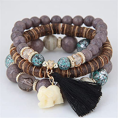 Bohemian Stackable Wood Wooden Beads Elephant Charm Tassel Stretchy Bracelet Set for Women Men Multilayered Multicolor Acrylic Resin Seeds Bracelet Ethnic Jewelry Gift - color: A elephant