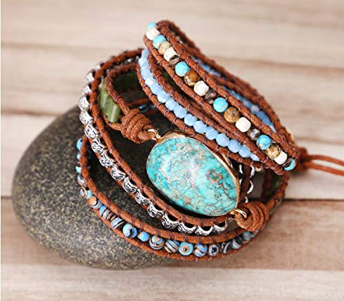 Boho Wrap Bracelet for Women, Handmade Natural Imperial Jasper Multi-Layer Stone Beaded Bracelet, Bohemian Healing Crystal Stone Jewelry Gifts - color: Green Opal