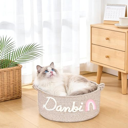 Personalized Dog Cat Toy Basket with Embroidery Name, Customized Puppy & Kitten Toy Storage Bins, Cute Handmade Cotton Rope Organizer for Snacks, Pet Supplies, Easter Birthday Gifts Basket for Pets