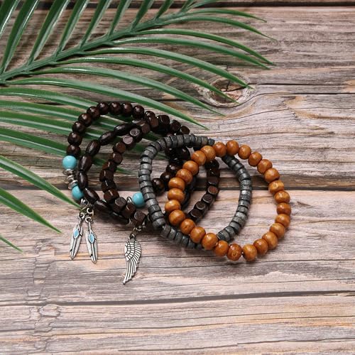 Wooden Beaded Bracelet for Men Women Brown Bracelet Mens Ethnic Tribal wrist Bracelets - color: B:5Pcs