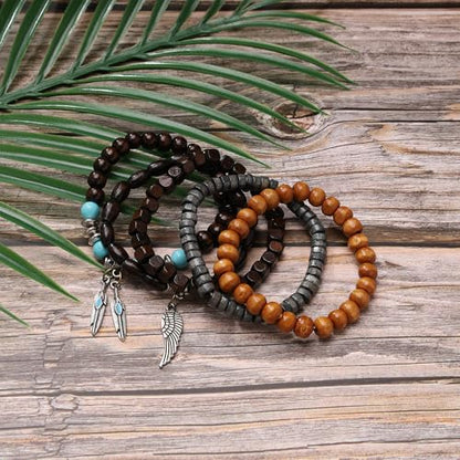 Wooden Beaded Bracelet for Men Women Brown Bracelet Mens Ethnic Tribal wrist Bracelets - color: B:5Pcs