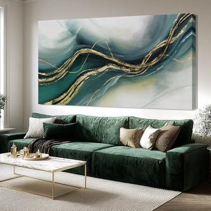ZENPEE Gold and Green Modern Wall Art, Simple Abstract Canvas Prints, Wall Hangings & Posters for Living Room, Office & Hallway, 29" x 58" - color: Teal & Gold, size: 58"L x 29"W