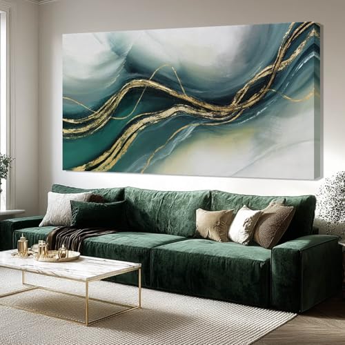 ZENPEE Gold and Green Modern Wall Art, Simple Abstract Canvas Prints, Wall Hangings & Posters for Living Room, Office & Hallway, 29" x 58" - color: Teal & Gold, size: 58"L x 29"W