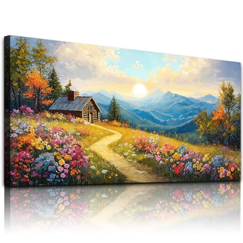 WLWBINTING Farmhouse Wall Art For Living Room Large countryside Wall Decor For Bedroom Office Decor Wildflower Wall Art Painting Farm House Scenery Pictures Modern Aesthetic Home Decor Ready To Hang - color: Sunset Mountain View Painting, size: 40"L x 20"