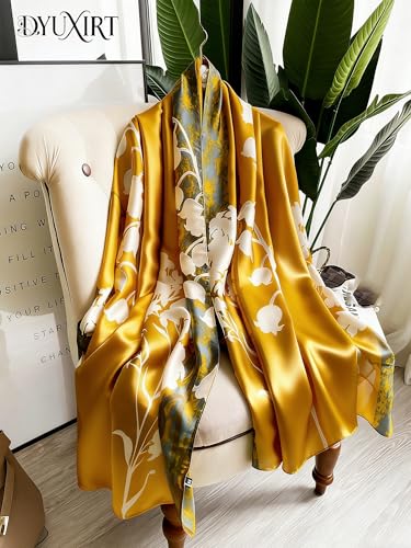 100% Mulberry Silk Oversized Women’s Sun-Shielding Shawl Formal Evening Neckwear Featherlight Airy - color: N22-golden Brush Shawl（69" X 21"inch）