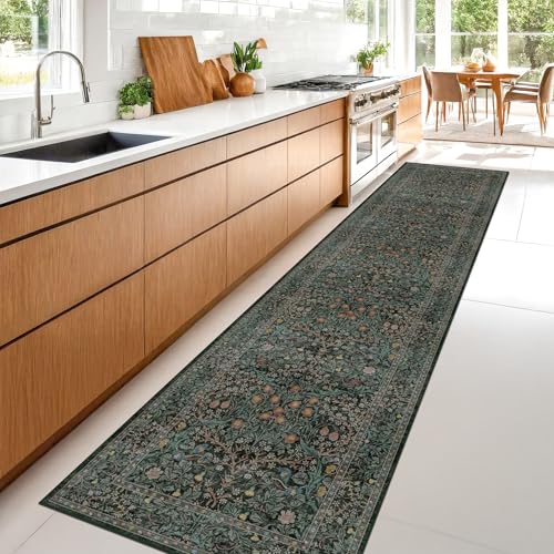 Vintage Washable 2x10 Runner Rug Non Slip for Hallway, Kitchen, Entryway, 10ft Stain Resistant Extra Long Soft Rug Runners, Dark Green Floral Unique Botanical Floor Mat - color: Dark Green / Black, size: 2' x 10' (Runner)