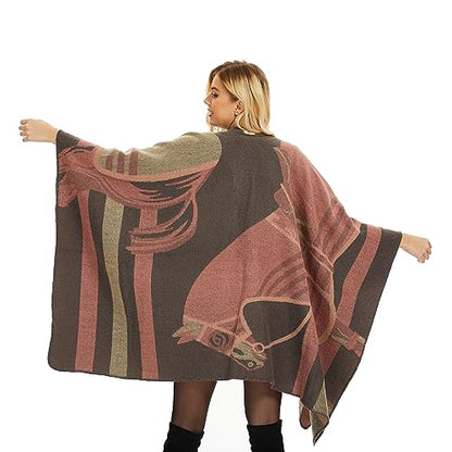 Shawl Wraps for Women, Elegant Knitted Cape Open Front Poncho Scarf Blanket Cardigan Coat for Spring, Autumn, and Winter - color: Pink Black
