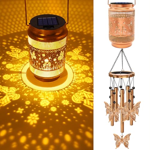 Butterfly Solar Wind Chimes for Outside, Gifts for Mom Women Grandma Birthday Memorial Teacher, 32" Windchimes Outdoor Decor Hanging Solar Lantern for Garden Porch Patio Backyard
