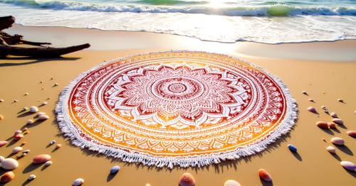 Mandala Round Beach Tapestry Boho Hippie Blanket Bohemian Large Table Cloth Home Decor Yoga Mat Meditation Picnic Rug Throw Hippy Gypsy Tablecloth Roundie (42 Inches, Yellow-Orange) - color: Yellow-orange, size: 42"L x 42"W