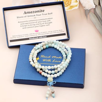 AD Beads 6mm 8mm 108 Prayer Mala Jasper Elastic Bracelet - Handmade Yoga Meditation Healing Power Energy Gifts for Unisex Adult. - color: Amazonite(True Self)