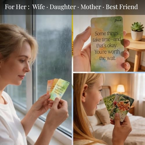 Botanical Affirmation Cards for Women – 64 Floral Self-Love & Healing Cards with Wooden Display Stand – Daily Mindfulness & Emotional Wellness Gift for Women, Best Friend, Sister