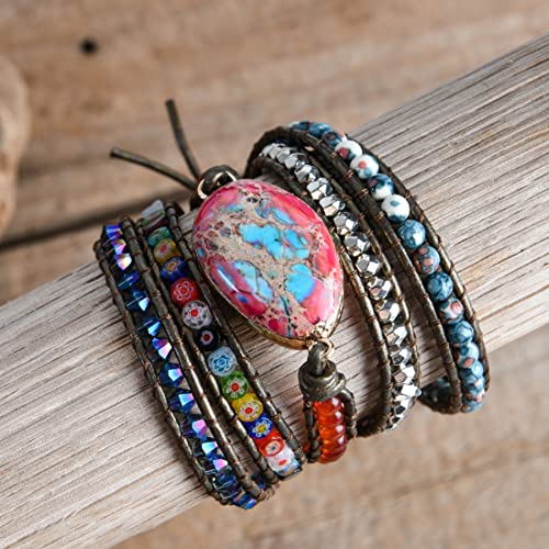 YGLINE Boho Handmade Natural Stone Wrap Bracelets Jasper Crystal Beads Bracelet Jewelry - color: jasper 2-5 wrap