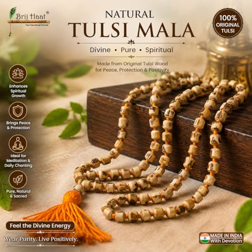 BRIJ HAAT Holy Basil Tulsi Wood Mala, 108+1 Beads, Hindu Japa Prayer Necklace for Meditation