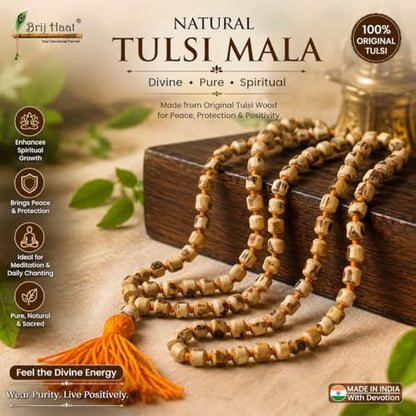 BRIJ HAAT Holy Basil Tulsi Wood Mala, 108+1 Beads, Hindu Japa Prayer Necklace for Meditation